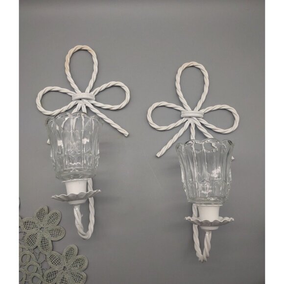 Vintage Pair 12" Twisted Rope Bow Metal Wire Wall Sconce Candle Holders, Votives - Picture 3 of 16